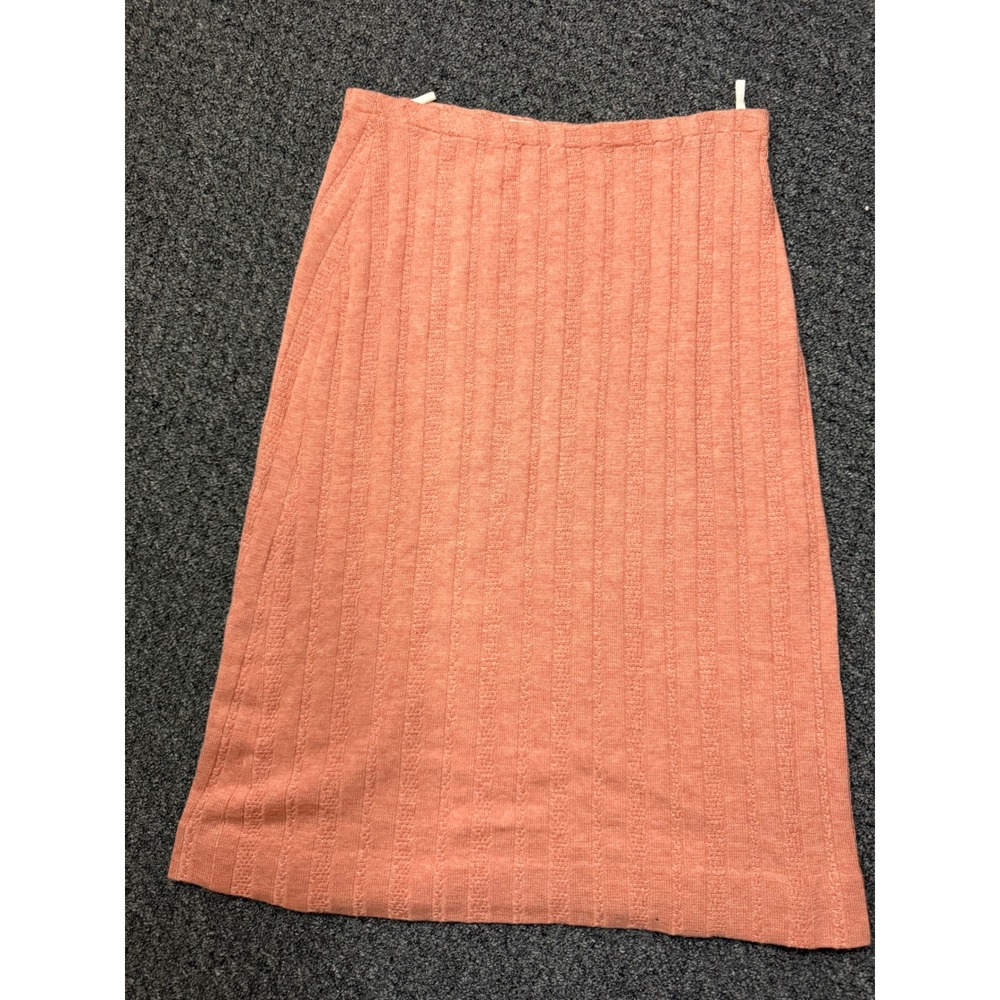 Vintage Front Center Salmon Pink Ribbed Knit Midi Skirt ILGWU Made in USA Size 6